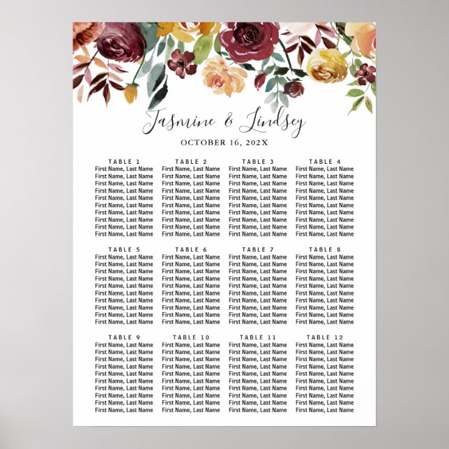 Burgundy Floral Wedding Seating Chart Poster (Front)