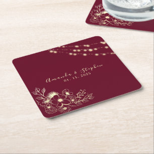Burgundy Floral Wedding Square Coaster