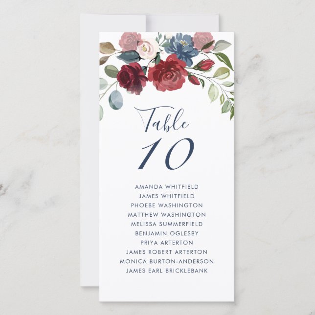 Burgundy Floral Wedding Table Number Seating Card (Front)