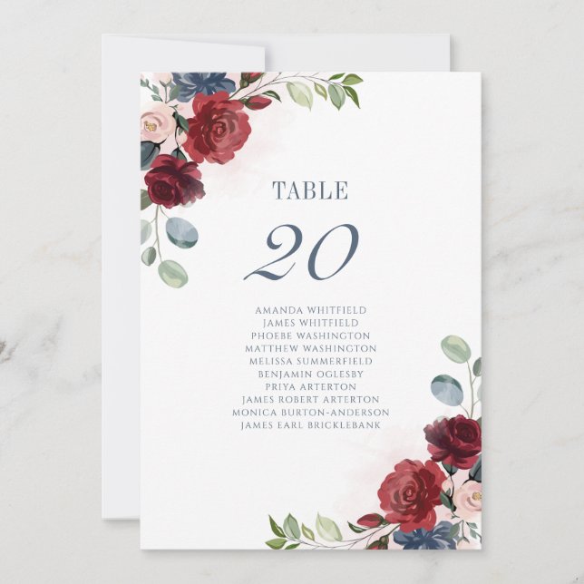 Burgundy Floral Wedding Table Number Seating Card (Front)