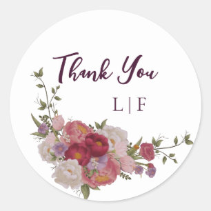 Burgundy Floral Wedding Thank You Classic Round Sticker