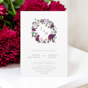 Burgundy floral wedding theme elegant monogram  invitation