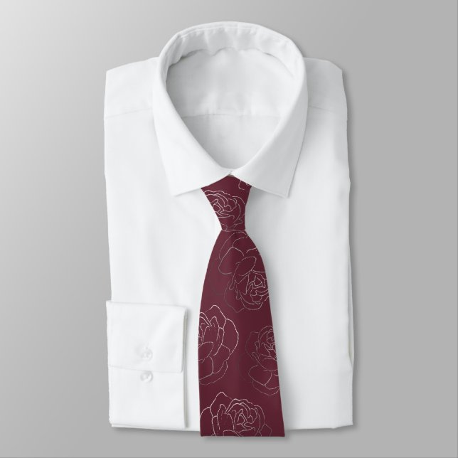 Burgundy Floral Wedding Tie (Tied)