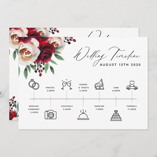 Burgundy Floral Wedding Timeline Program & Welcome Invitation (Front/Back)