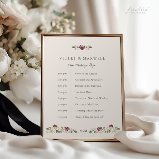 Burgundy Floral Wedding Timeline Sign (Burgundy floral Art Nouveau Wedding Timeline sign)