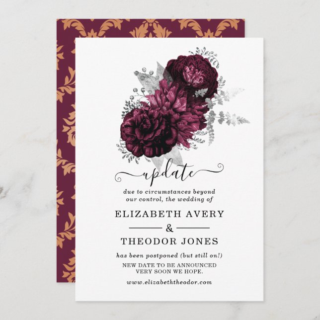 Burgundy Floral Wedding Update Invitation (Front/Back)
