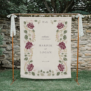 Burgundy Floral Wedding Welcome Banner Tapestry