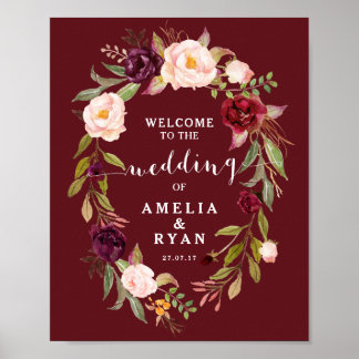 Burgundy Floral Wedding Welcome Sign