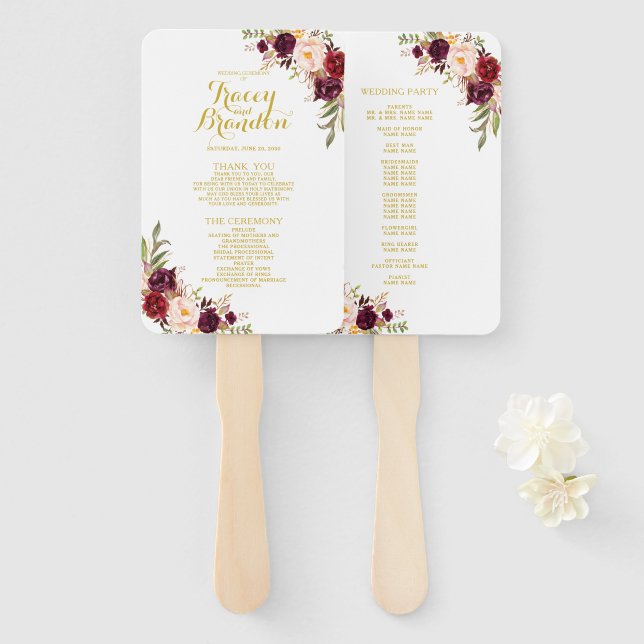 Burgundy Floral White Gold Script Wedding Program Hand Fan (Front and Back)