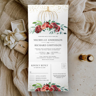 Burgundy Floral White Pumpkin Autumn Fall Wedding Tri-Fold Invitation