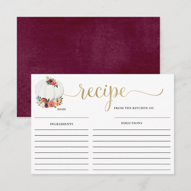 Burgundy floral white pumpkin bridal shower recipe enclosure card (Front/Back)