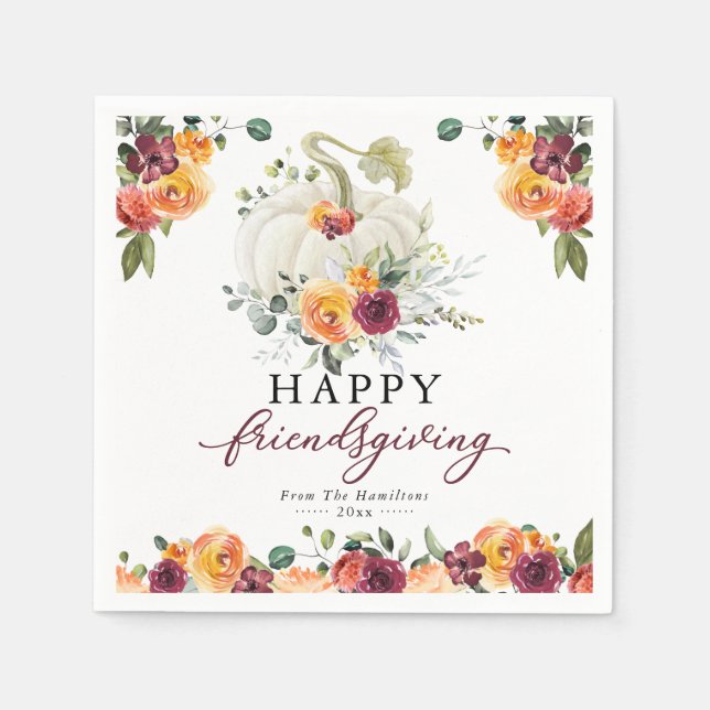 Burgundy Floral White Pumpkin Friendsgiving Napkin (Front)