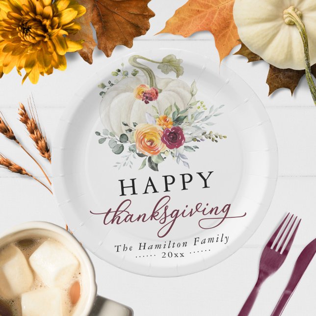 Burgundy Floral White Pumpkin Thanksgiving Paper Plate (Creator Uploaded)