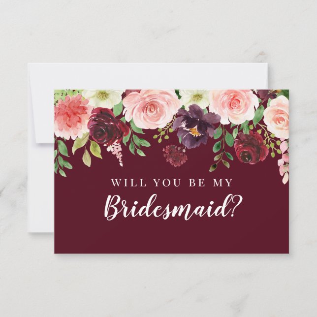 Burgundy Floral Will You Be My Bridesmaid Proposal Invitation (Front)