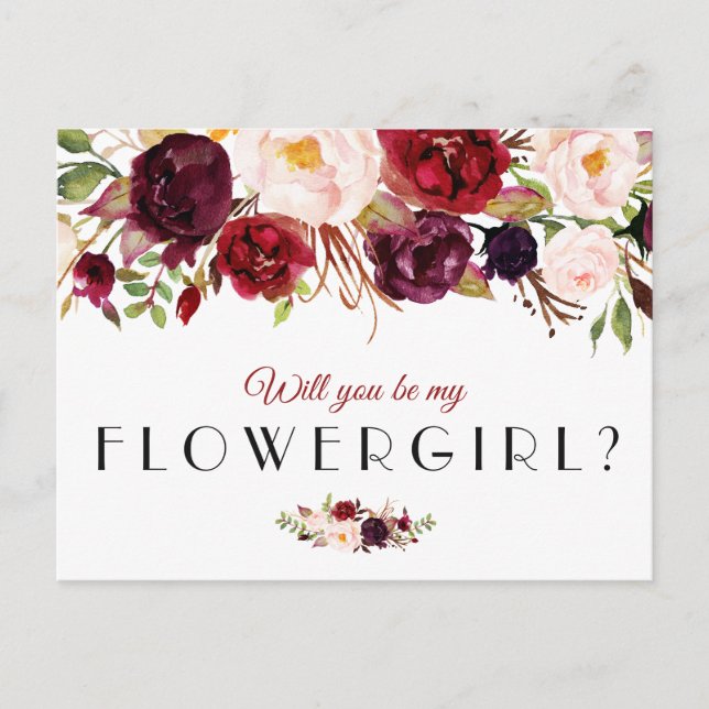 burgundy floral will you be my flowergirl card (Front)
