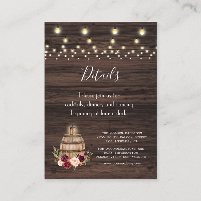 Burgundy Floral Wine Barrel Barn Wedding Details Enclosure Card (Front)
