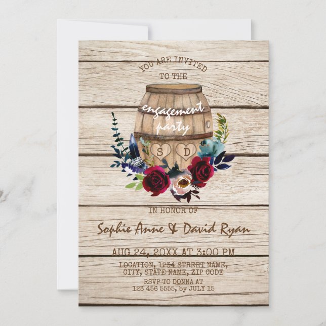 Burgundy Floral Wine Barrel Engagement Party Invitation (Front)