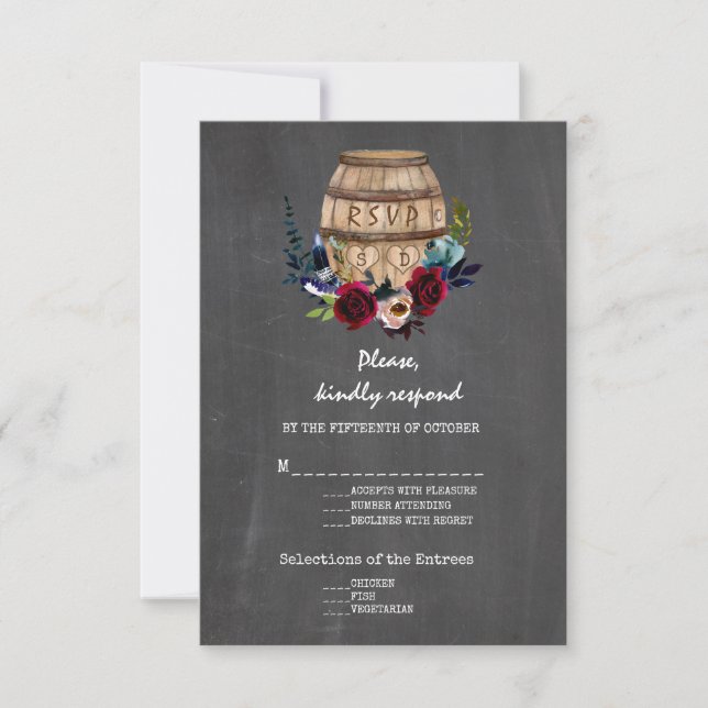 Burgundy Floral Wine Barrel Fall Chalkboard RSVP Card (Front)