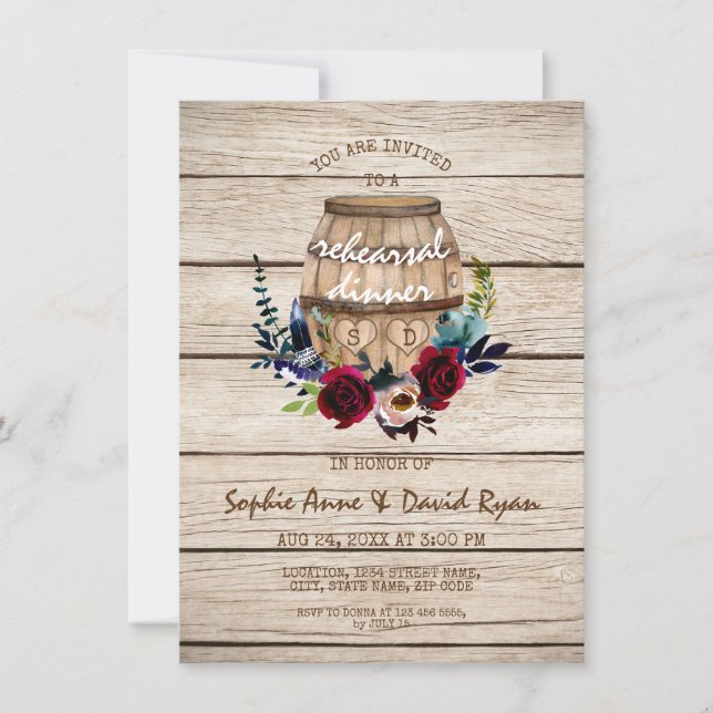 Burgundy Floral Wine Barrel Rehearsal Dinner Invitation (Front)