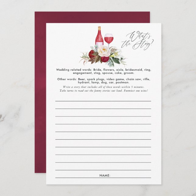 Burgundy Floral Wine Tasting Bridal Shower Game Invitation (Front/Back)