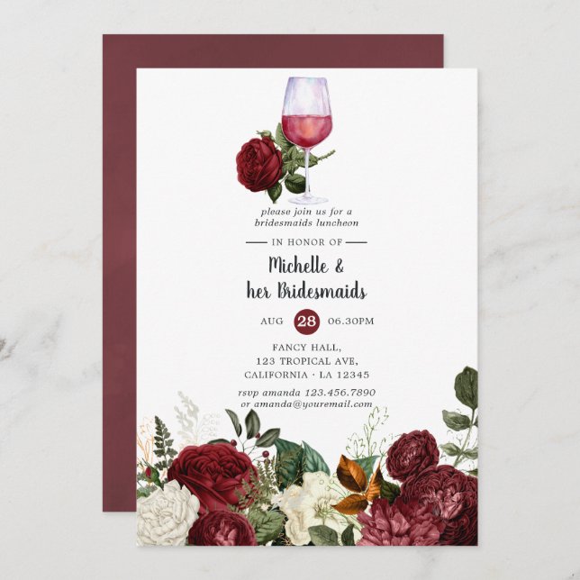 Burgundy Floral Wine Tasting Bridesmaids Luncheon Invitation (Front/Back)