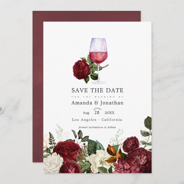 Burgundy Floral Wine Tasting Wedding Photo Save The Date (Front/Back)