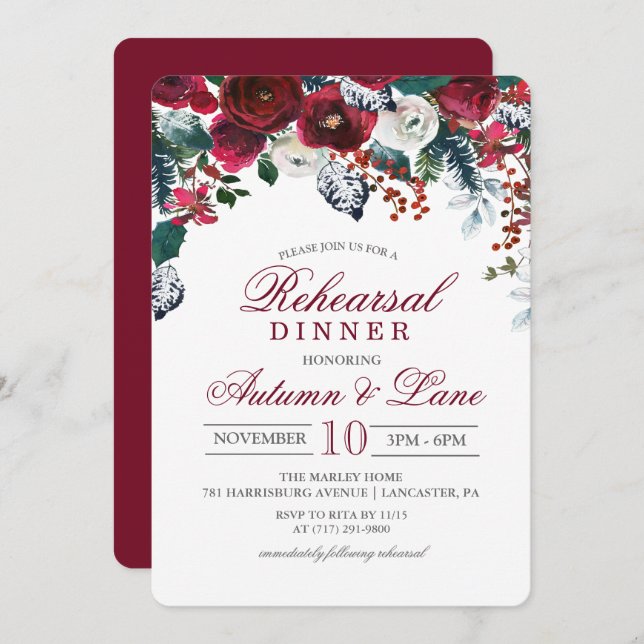 Burgundy Floral Winter Rehearsal Dinner Invitation (Front/Back)
