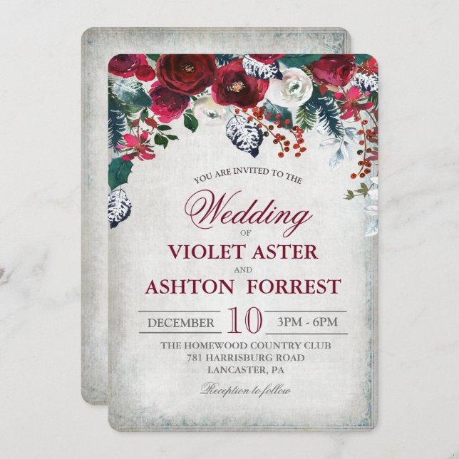 Burgundy Floral Winter Wedding Invitation (Front/Back)