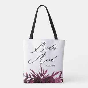 Burgundy Floral with Bridesmaid Script Tote Bag