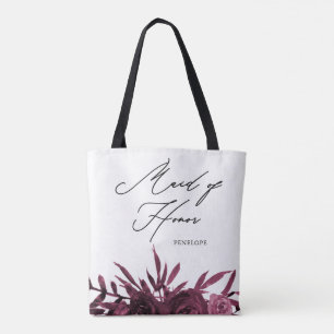 Burgundy Floral with Maid of Honour Script Tote Bag