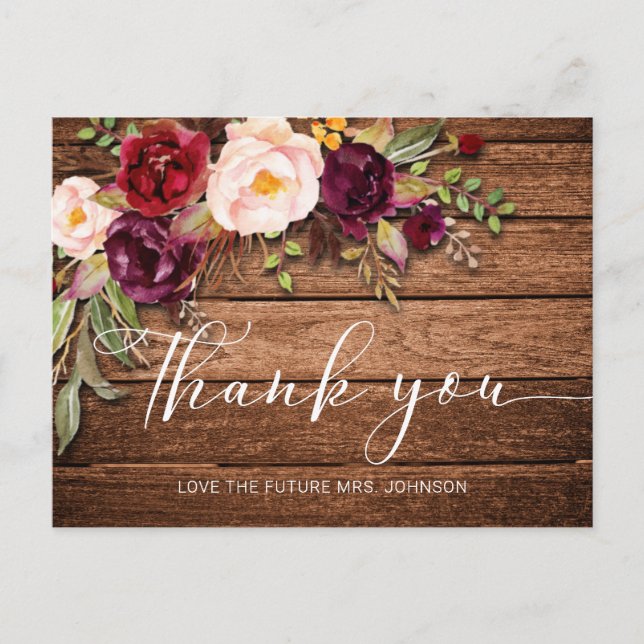Burgundy Floral Wood Bridal Shower Thank You Postcard (Front)