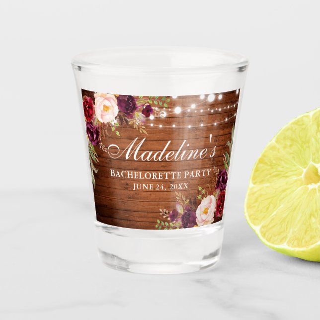 Burgundy Floral Wood Lights Bachelorette Party Shot Glass (Front)