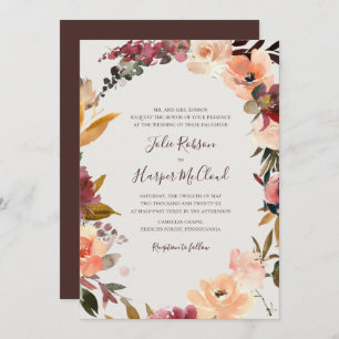 Burgundy Floral Wreath Beige Traditional Wedding Invitation