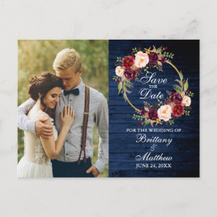 Burgundy Floral Wreath Blue Wood Save The Date Postcard