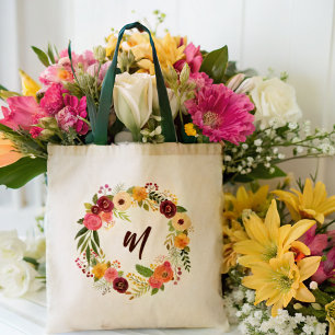 Burgundy Floral Wreath Bridesmaid Initial  Tote Bag