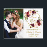 Burgundy Floral Wreath Gold Save The Date Photo Postcard<br><div class="desc">Watercolor Burgundy Marsala Floral Wreath Gold Save The Date Photo Engagement Announcement Postcard</div>