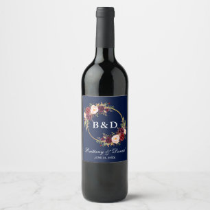 Burgundy Floral Wreath Monogram Blue Wedding Wine Label