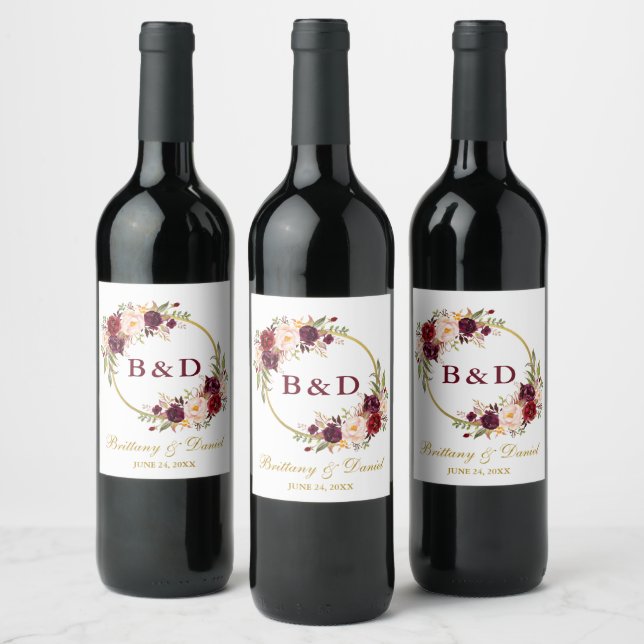 Burgundy Floral Wreath Monogram Gold Wedding Wine Label (Bottles)