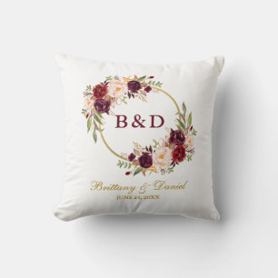 Burgundy Floral Wreath Monogram Wedding Cushion