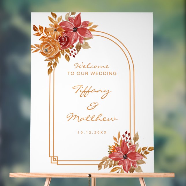 Burgundy Florals Arch Fall Wedding Welcome Acrylic Sign (Neutral)