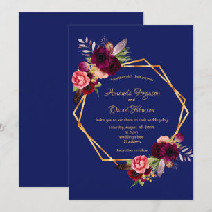 Burgundy florals blue geometric boho wedding invitation