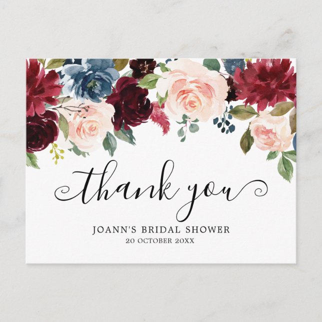 Burgundy Florals Botanical Bridal Shower Thank you Postcard (Front)