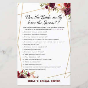 Burgundy Florals Bridal Shower Game PRINTED