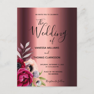 Burgundy florals copper wedding invitation postcard