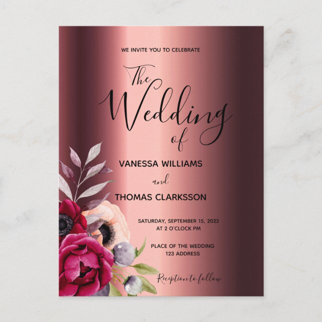 Burgundy florals copper wedding invitation postcard (Front)