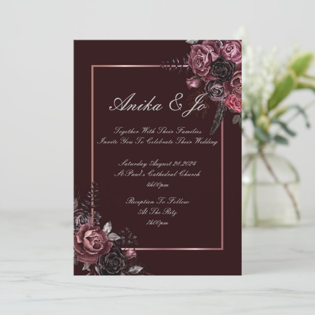 Burgundy florals fall wedding save the date (Standing Front)