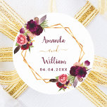 Burgundy florals geometric wedding boho classic round sticker<br><div class="desc">A faux gold coloured geometric shaped frame with bohemian,  boho style watercolored roses,  flowers in burgundy and pink.   Personalise and add your names,  date of the wedding.</div>