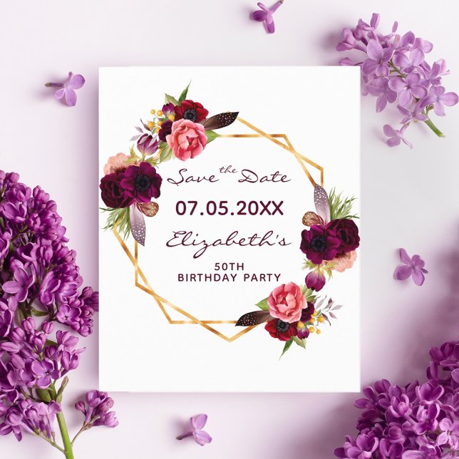 Burgundy florals gold birthday Save the Date card (Creator Uploaded)