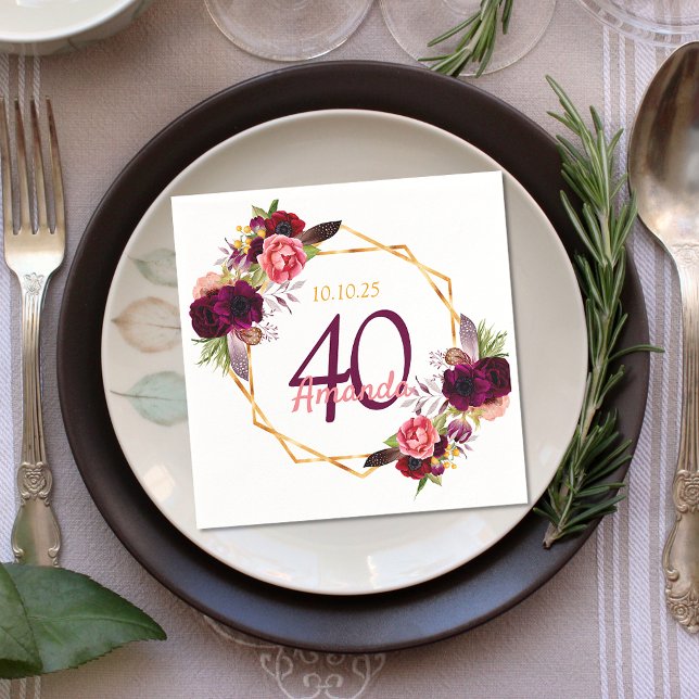 Burgundy florals gold geometric birthday napkin (Creator Uploaded)