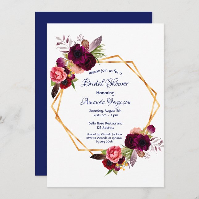 Burgundy florals gold geometric boho bridal shower invitation (Front/Back)
